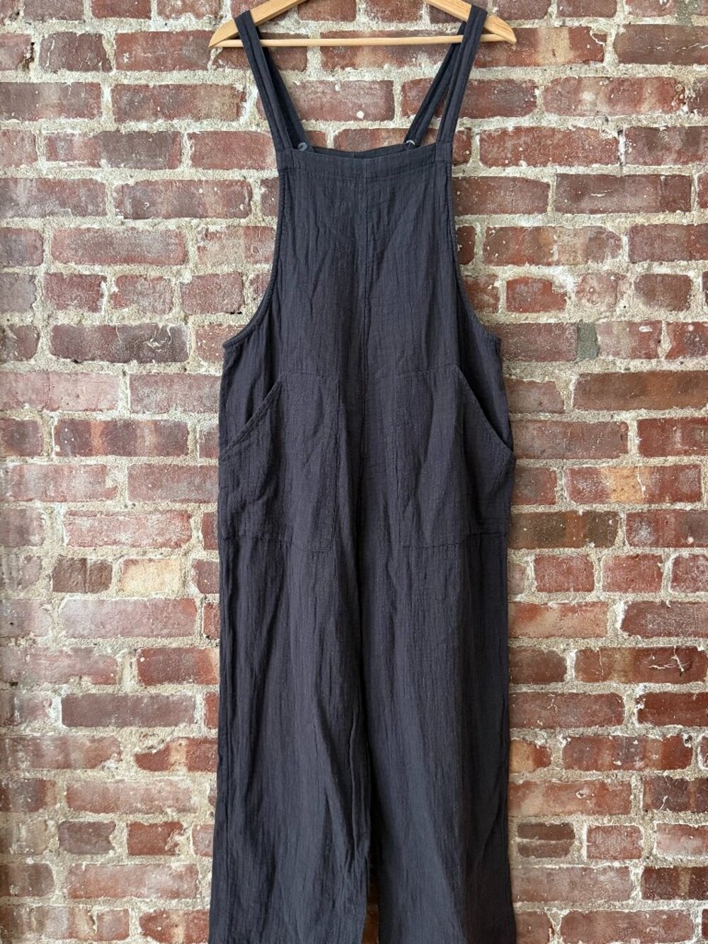 Washed Black Linen Wide Leg Overall Jumpsuit Adjustable Straps Pockets Boho